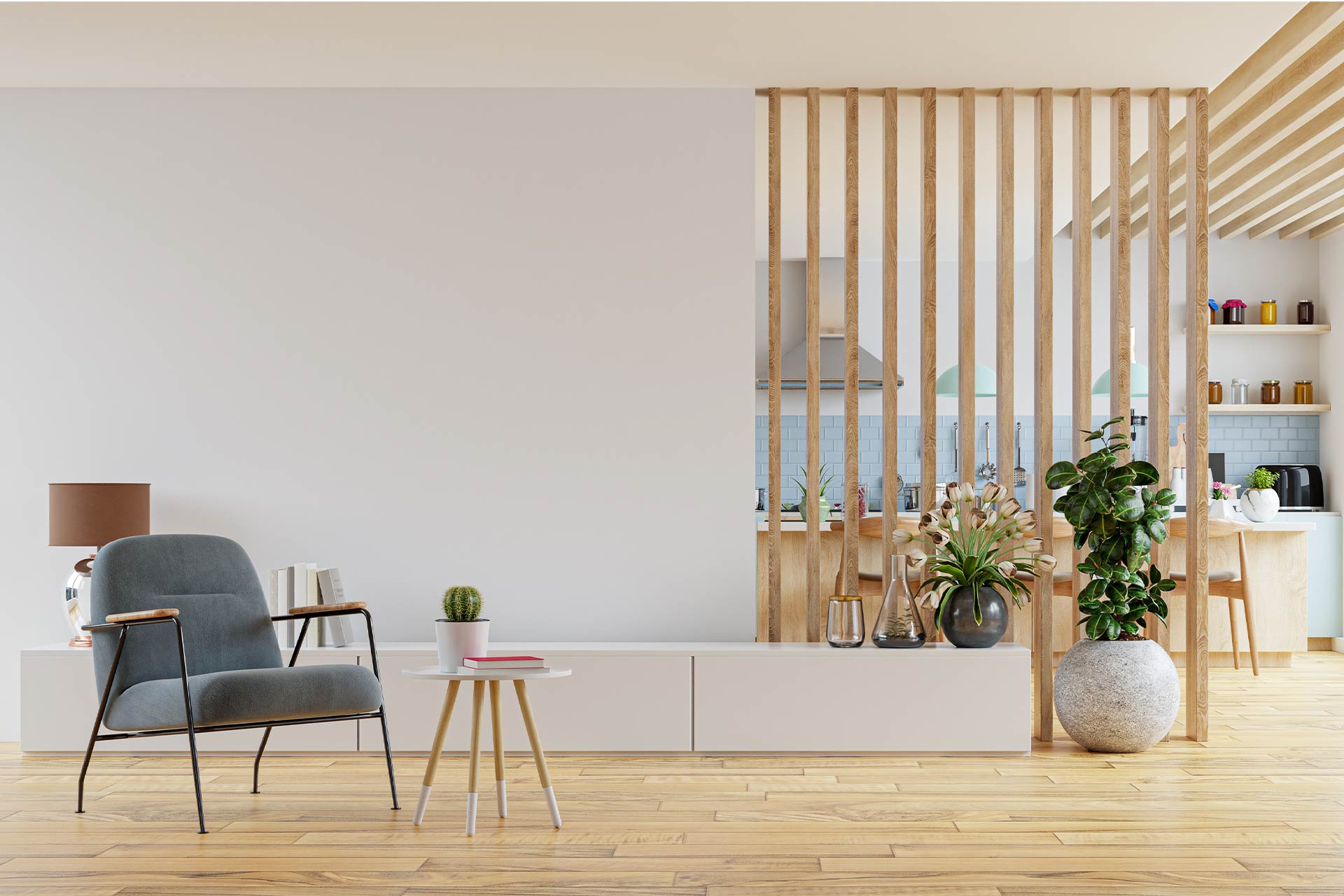 A white and wooden theme of the house living room.